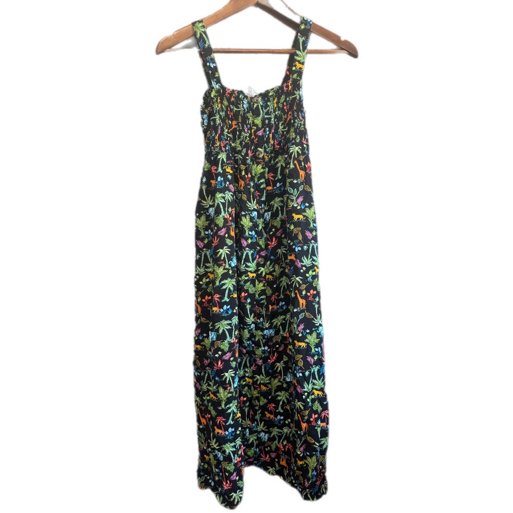 Wild Fable Jungle Animal Print Maxi Dress Kids XXL 18 Black Smocked Button Front